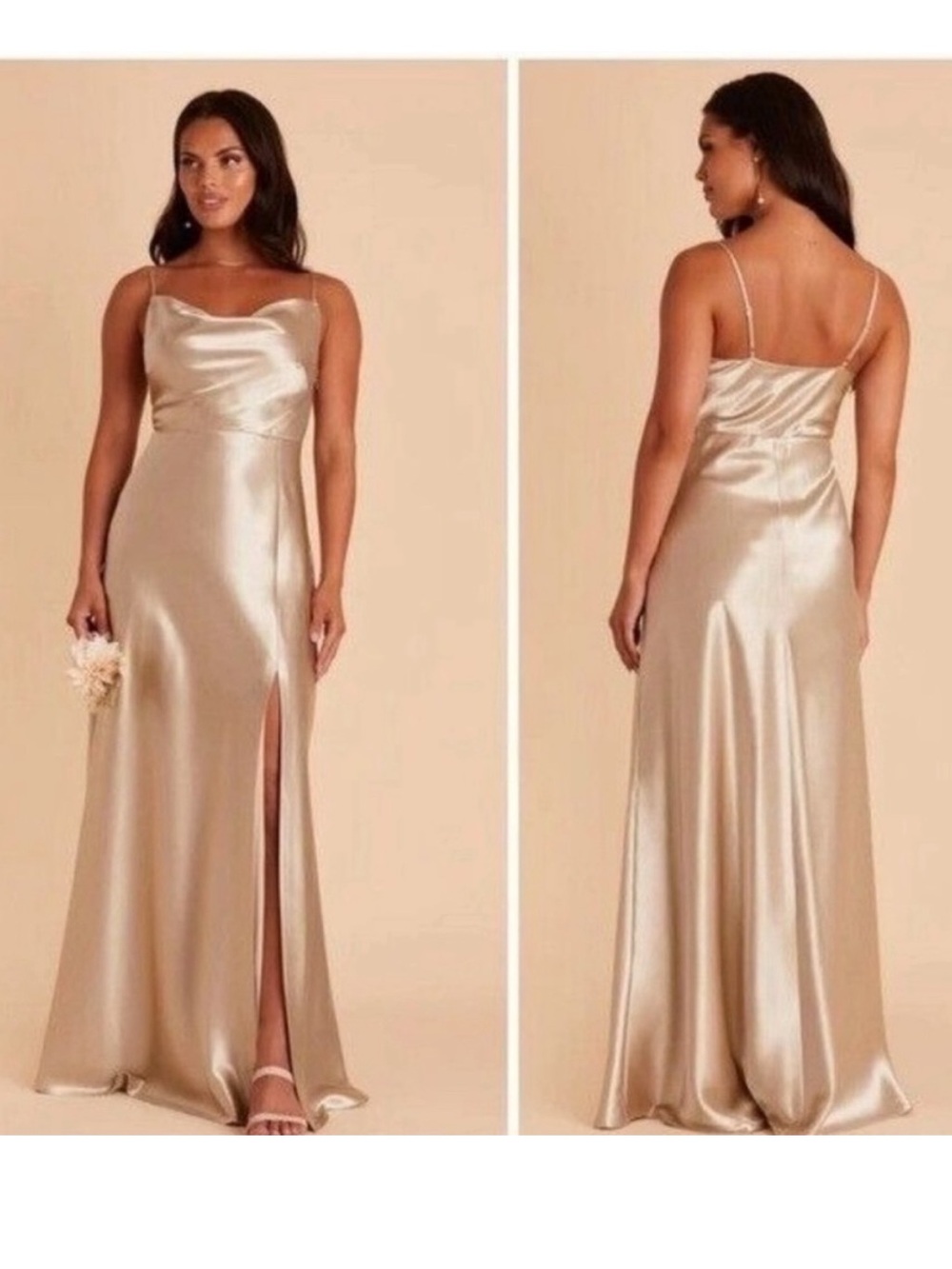 Birdy Grey NWT Lisa Long Shiny Satin Dress Neutral Champagne Size M